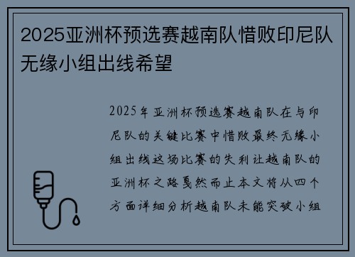 2025亚洲杯预选赛越南队惜败印尼队无缘小组出线希望