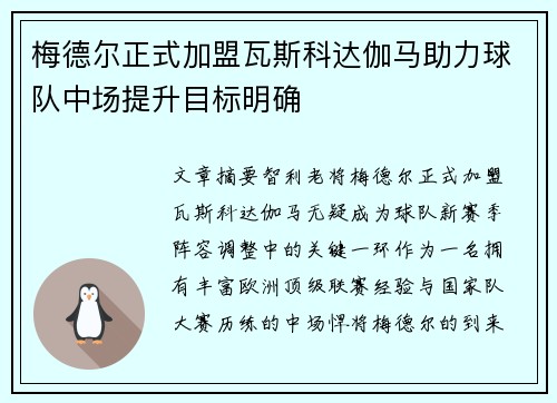 梅德尔正式加盟瓦斯科达伽马助力球队中场提升目标明确